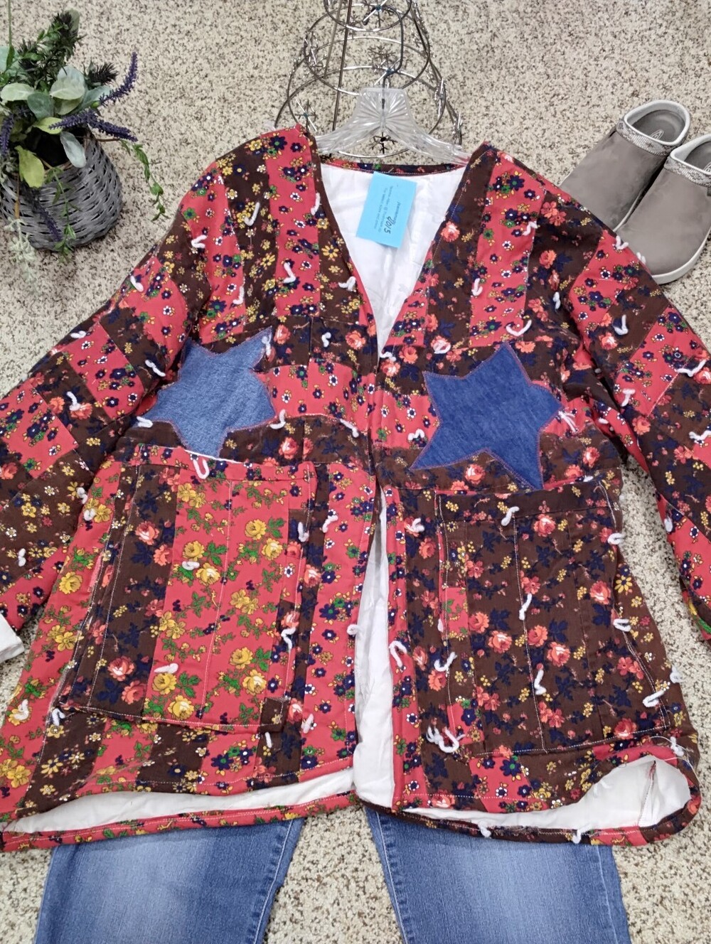 4015 Size 2X Quilted Floral Star Patch Women's Jacket - Red/Brown